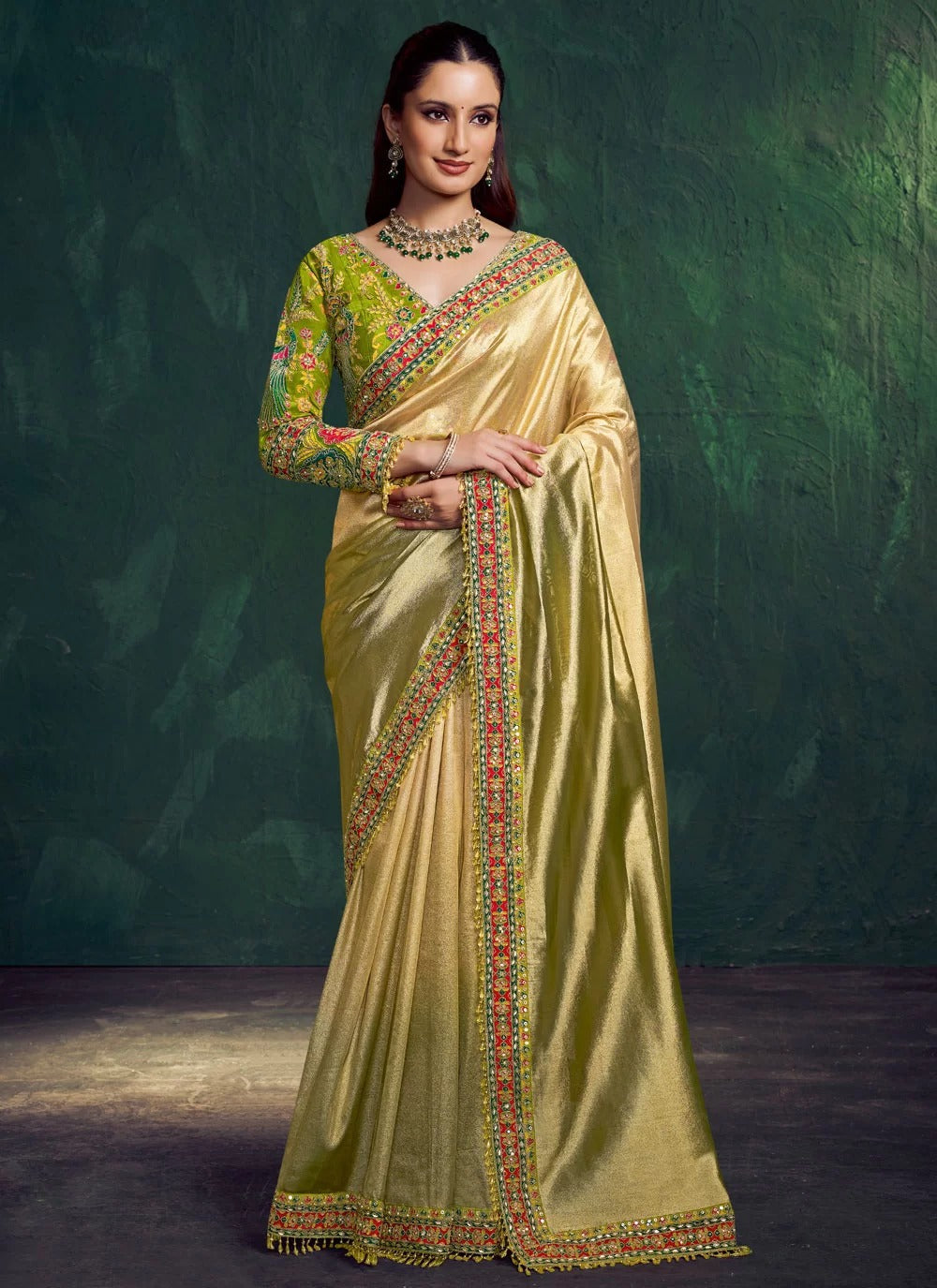 Graceful green shaded wedding wear saree in kora zari tissue silk