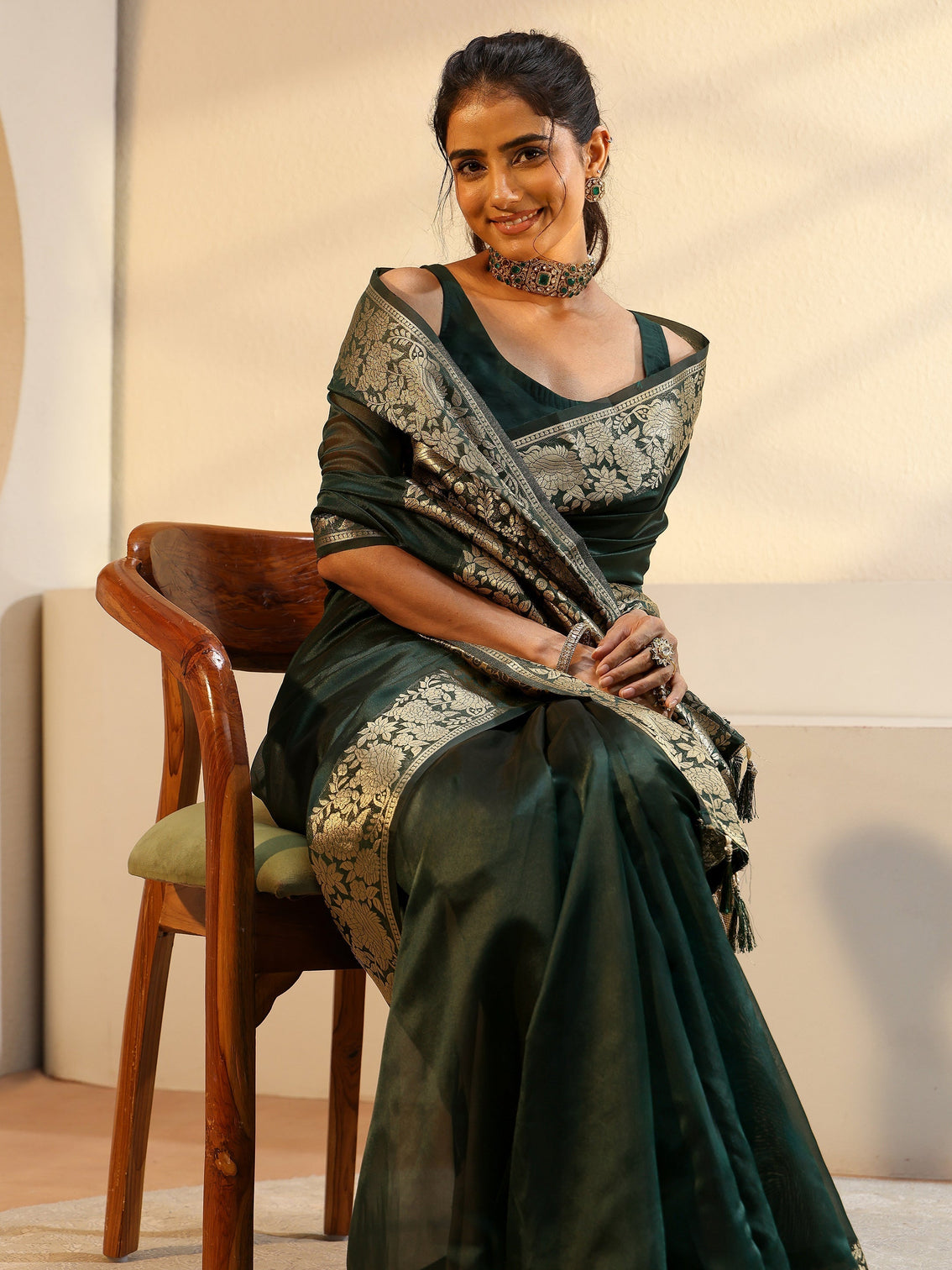 Mameraa Green Silk Blend Tassel Saree