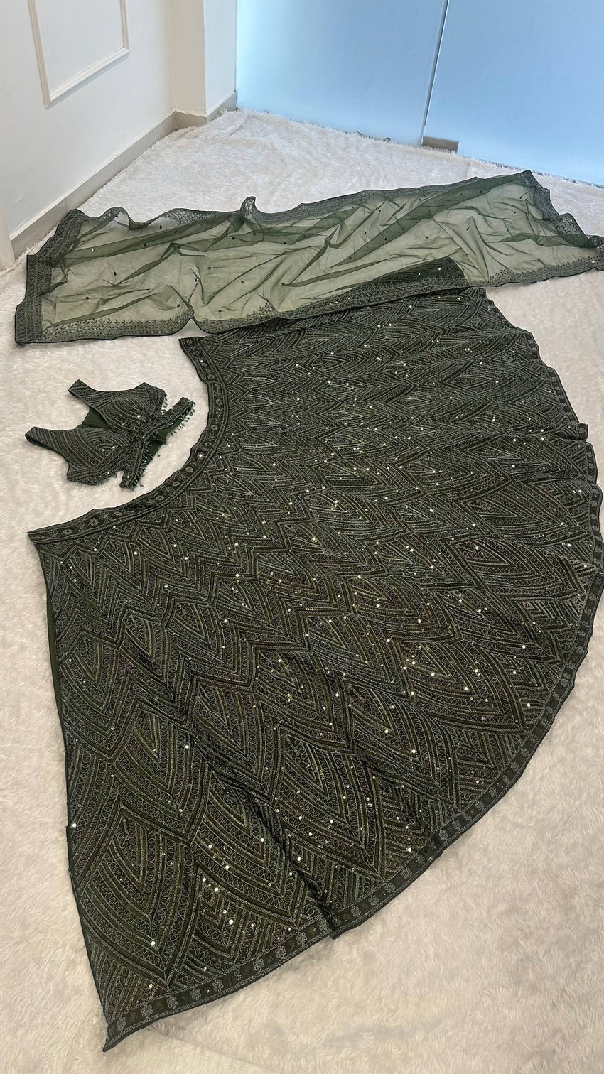 Green Silk Lehenga Set with Sequins & Thread Work