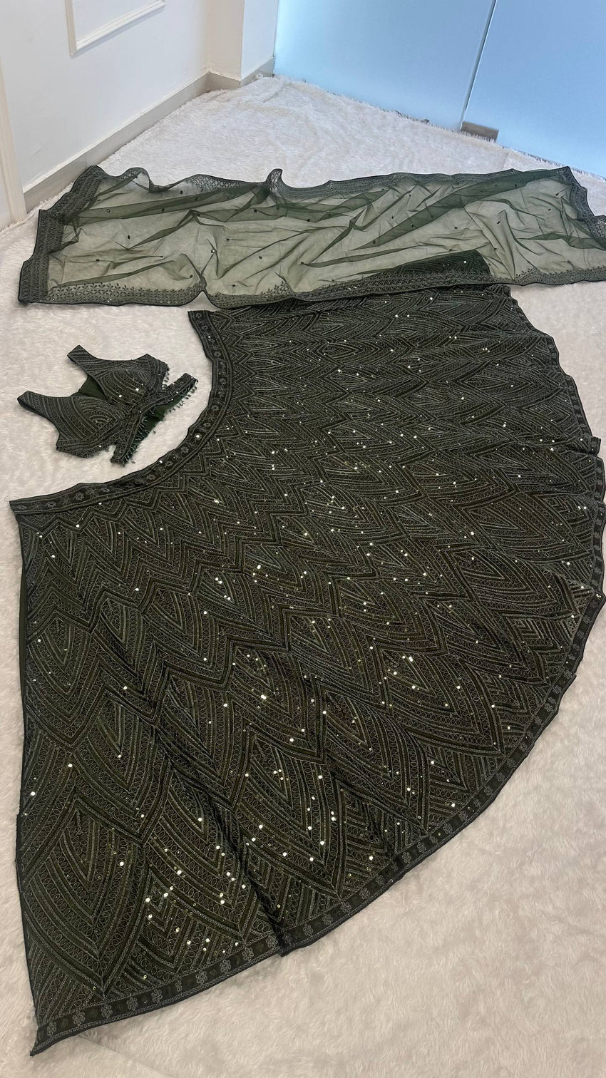Green Silk Lehenga Set with Sequins & Thread Work