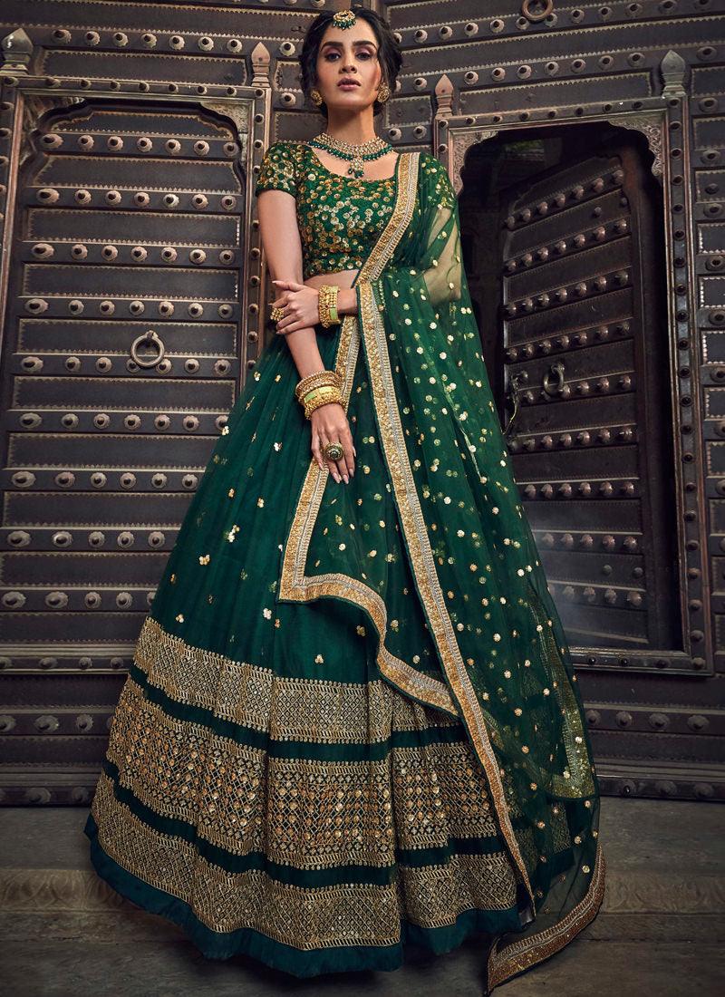 Green Soft Net Zari Work Sangeet Flared Lehenga Choli