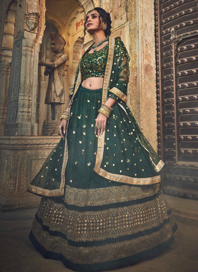 Green Soft Net Zari Work Sangeet Flared Lehenga Choli