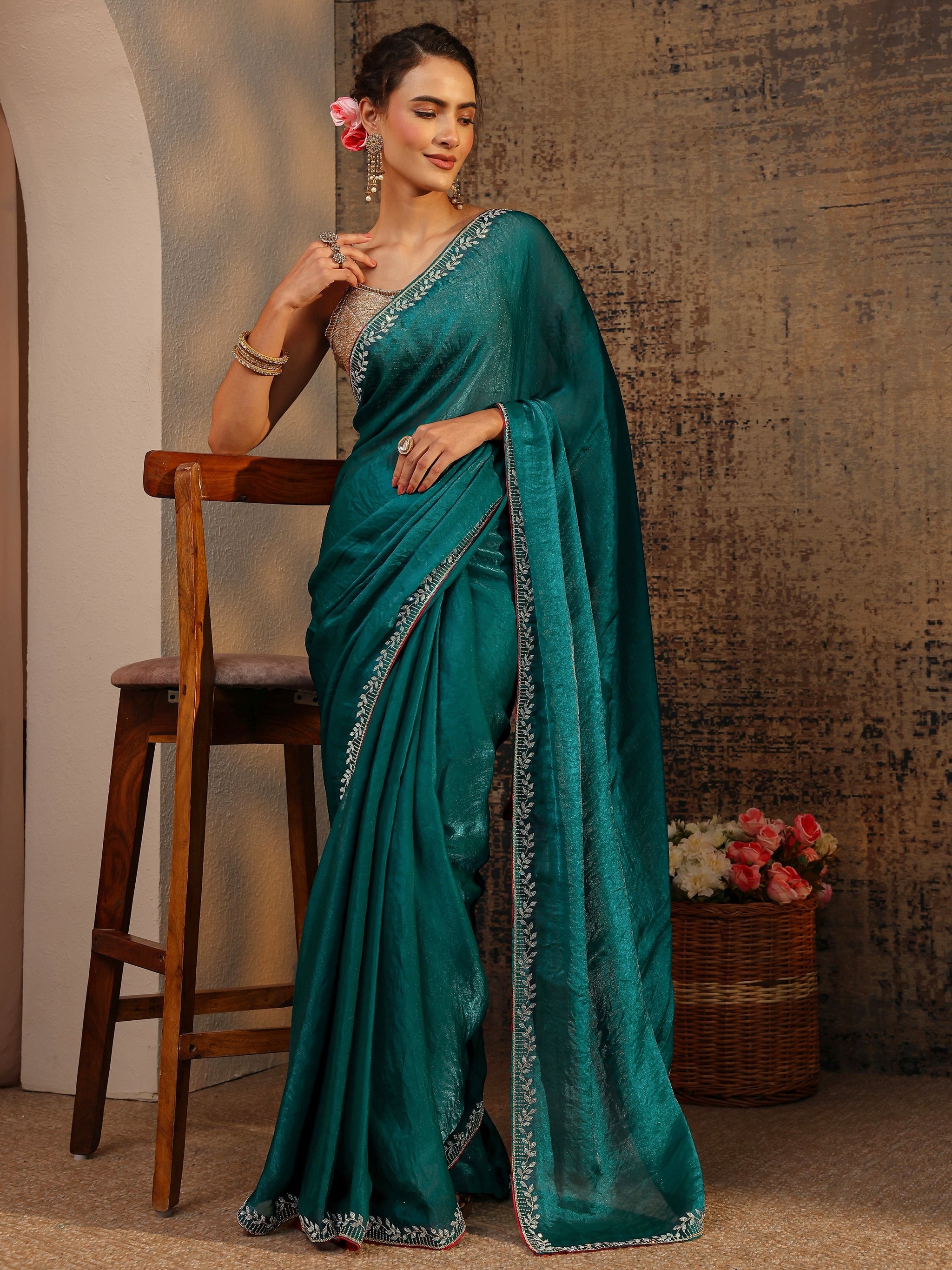Libas Green Solid Satin Saree With Unstitched Blouse Piece