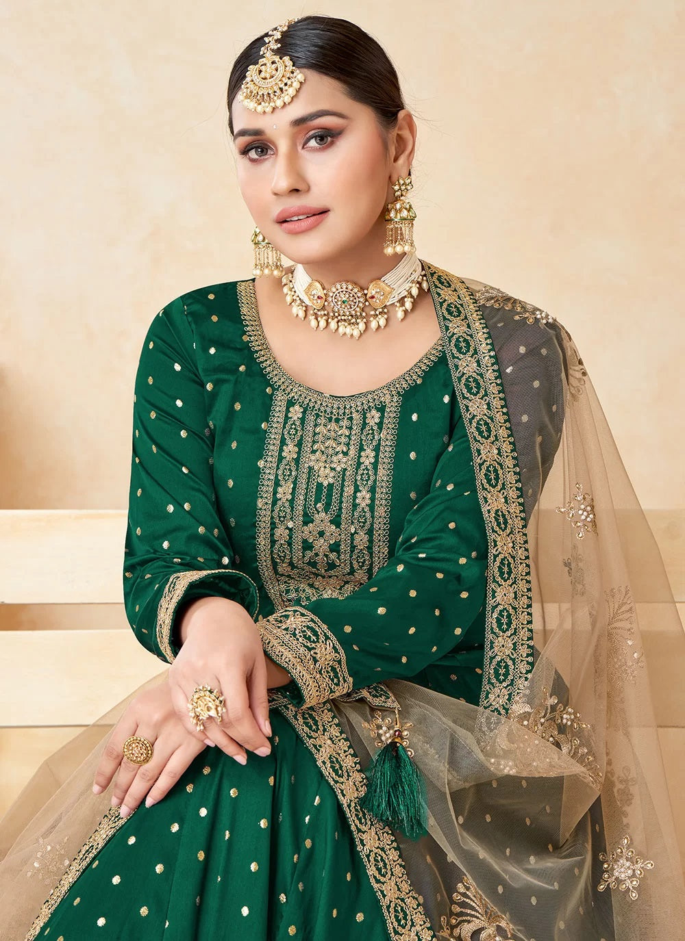 Green taffeta embroidered anarkali dress