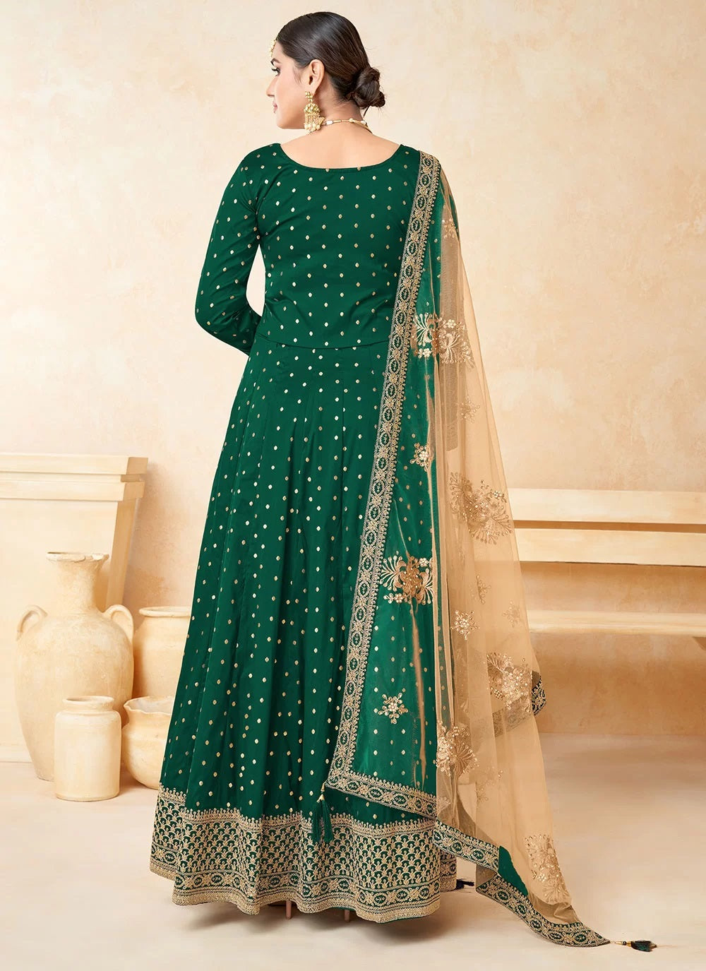 Green taffeta embroidered anarkali dress