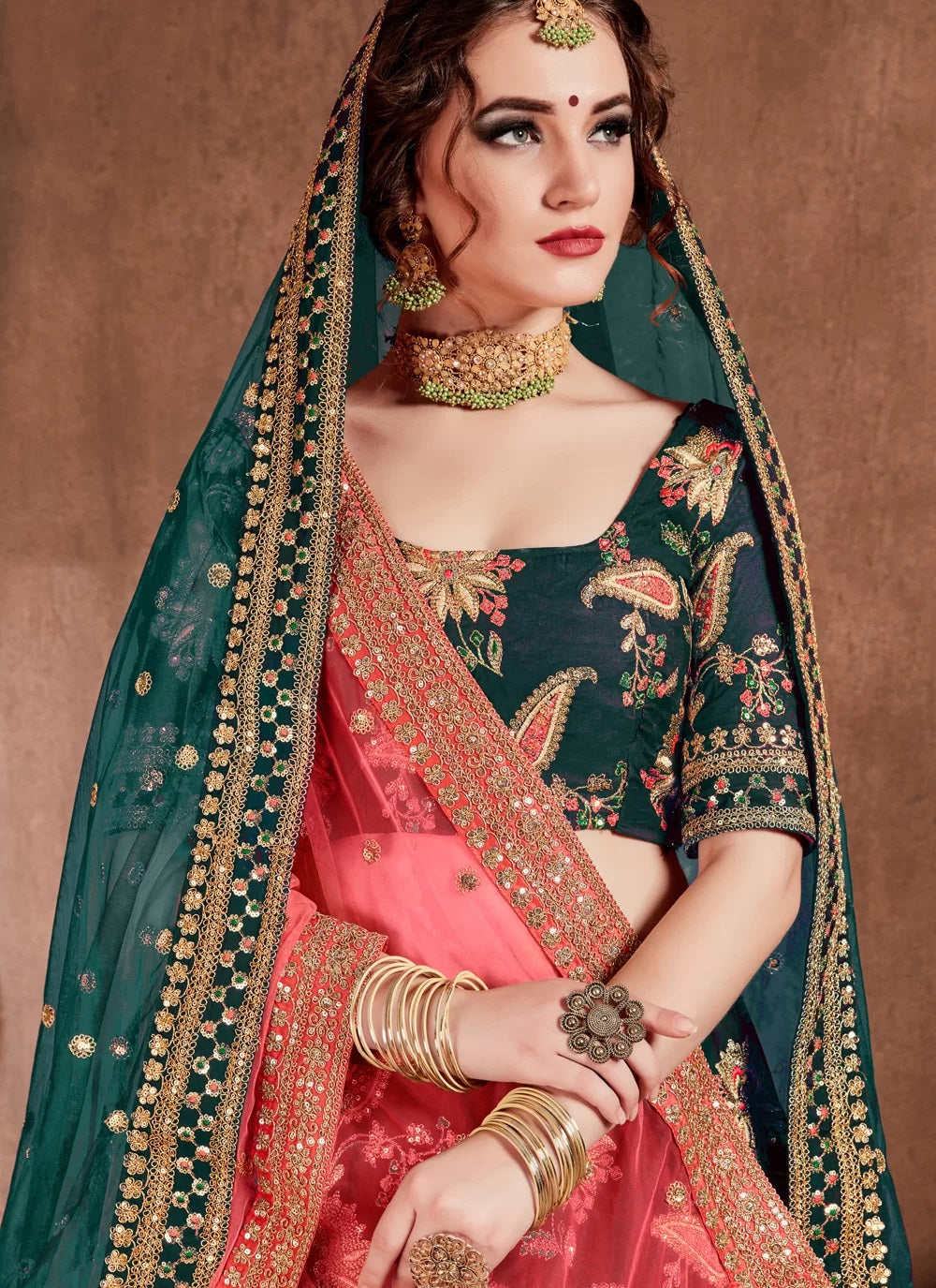 Green taffeta silk lehenga for engagement