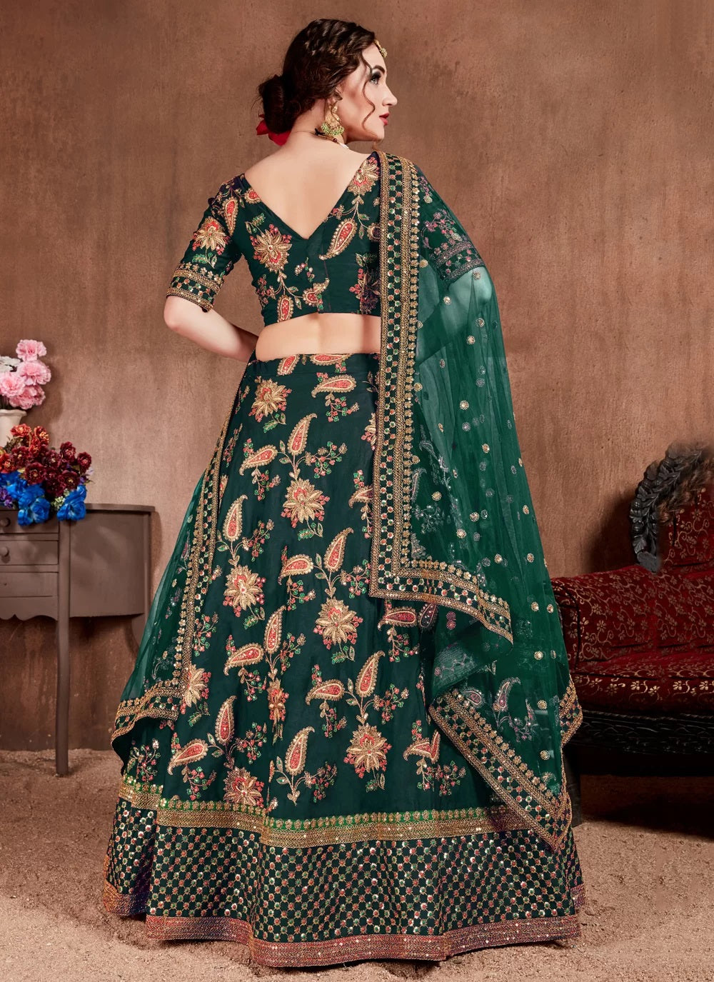 Green taffeta silk lehenga for engagement