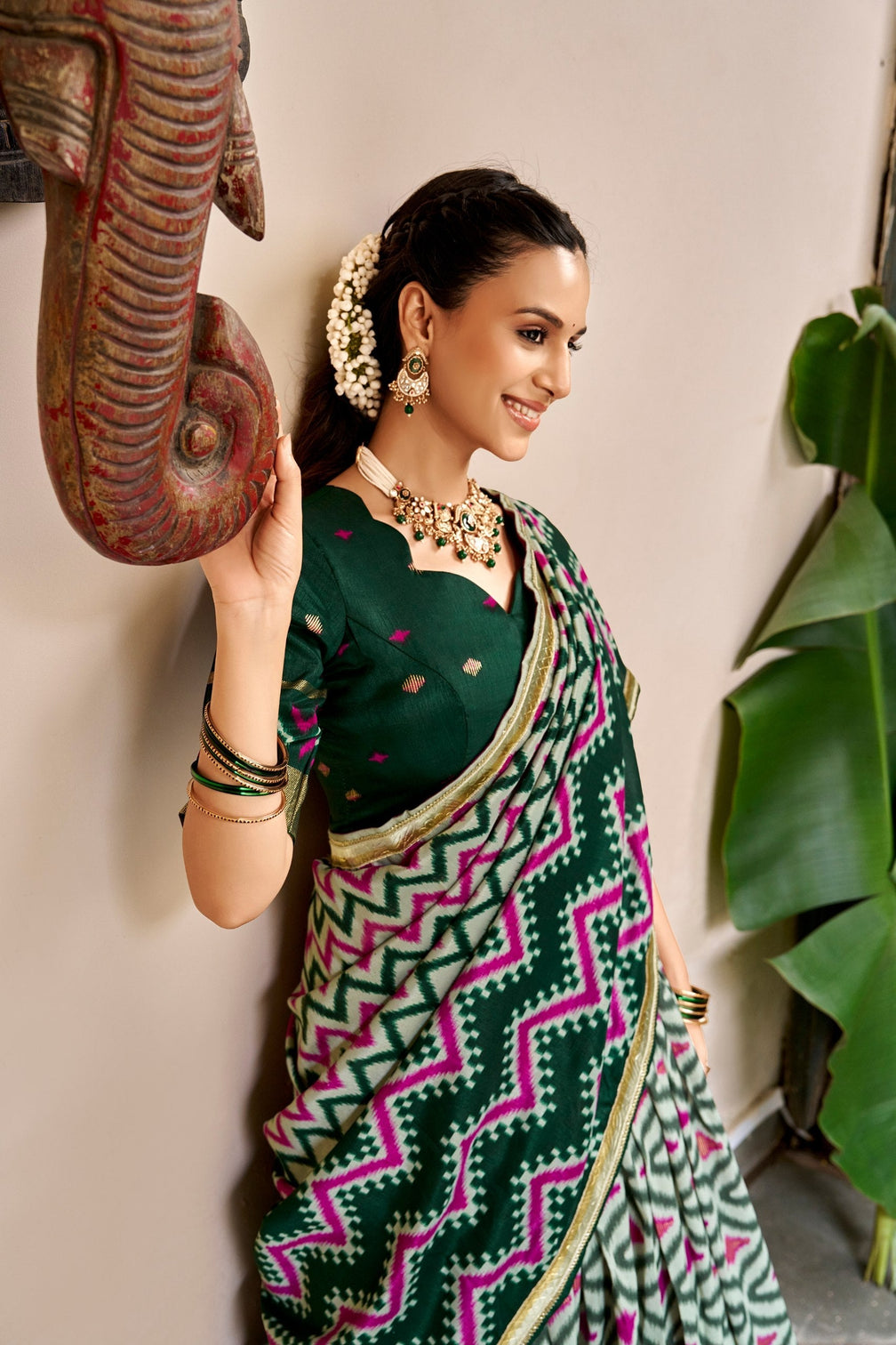 Green Tasar Silk Foil Print Lehenga Choli