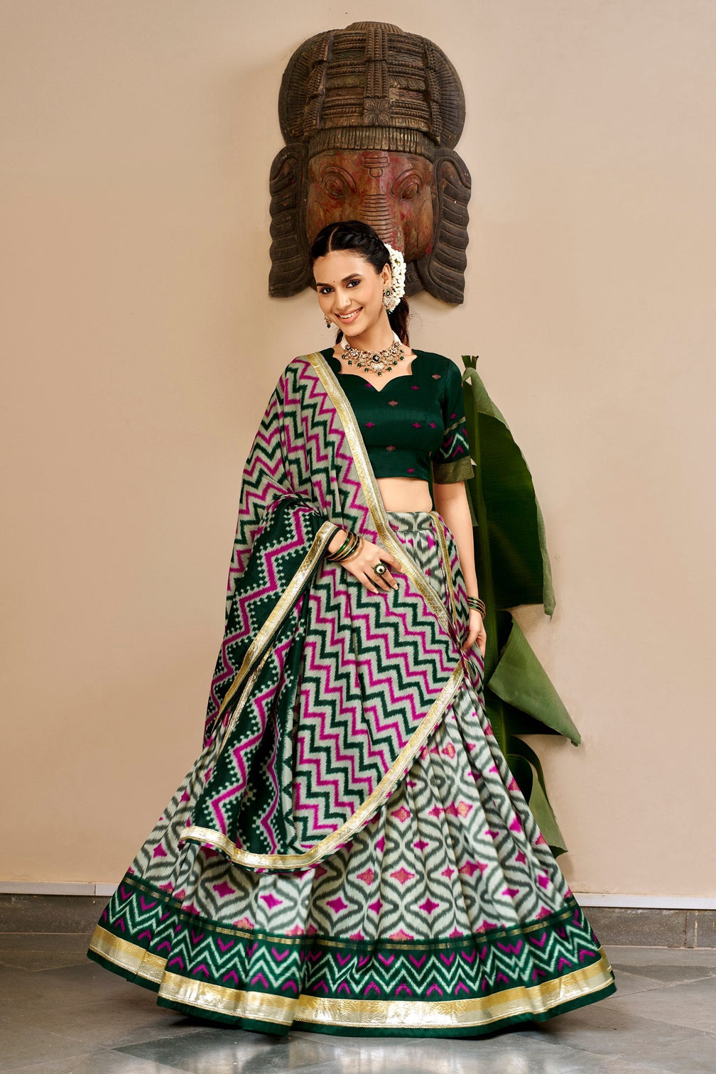 Green Tasar Silk Foil Print Lehenga Choli