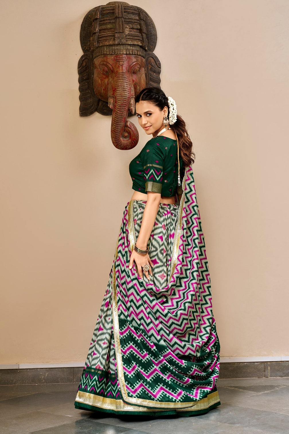 Green Tasar Silk Foil Print Lehenga Choli