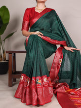 Green Tussar Chex Saree with Patola Print and Weaving Work Border