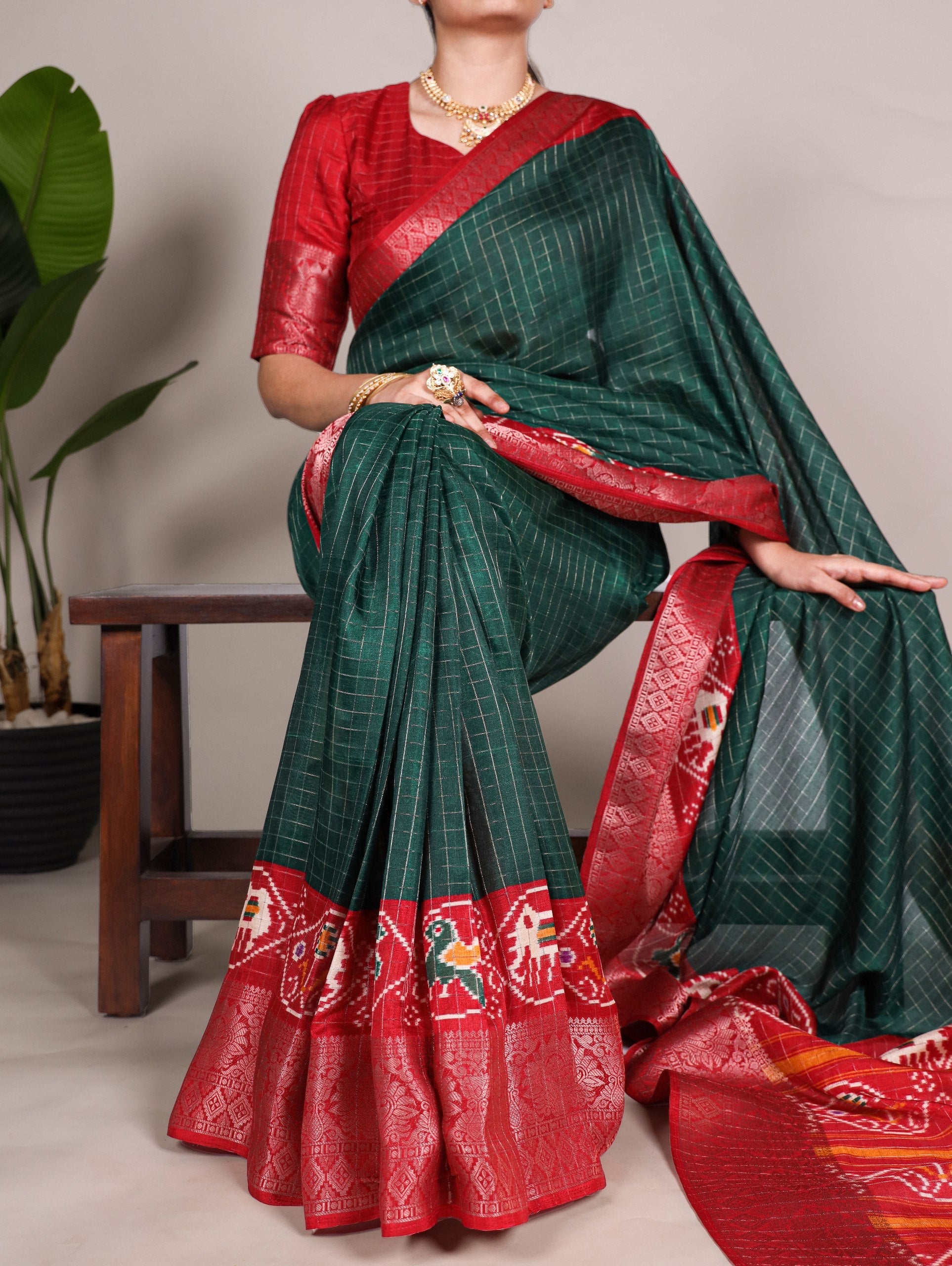 Green Tussar Chex Saree with Patola Print and Weaving Work Border