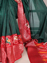 Green Tussar Chex Saree with Patola Print and Weaving Work Border