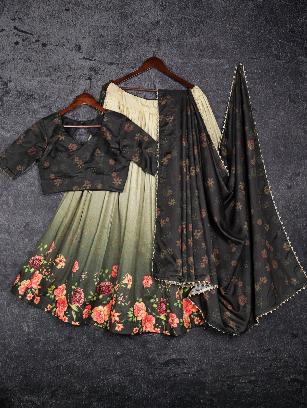 Green Tussar Silk Floral Lehenga Choli Set