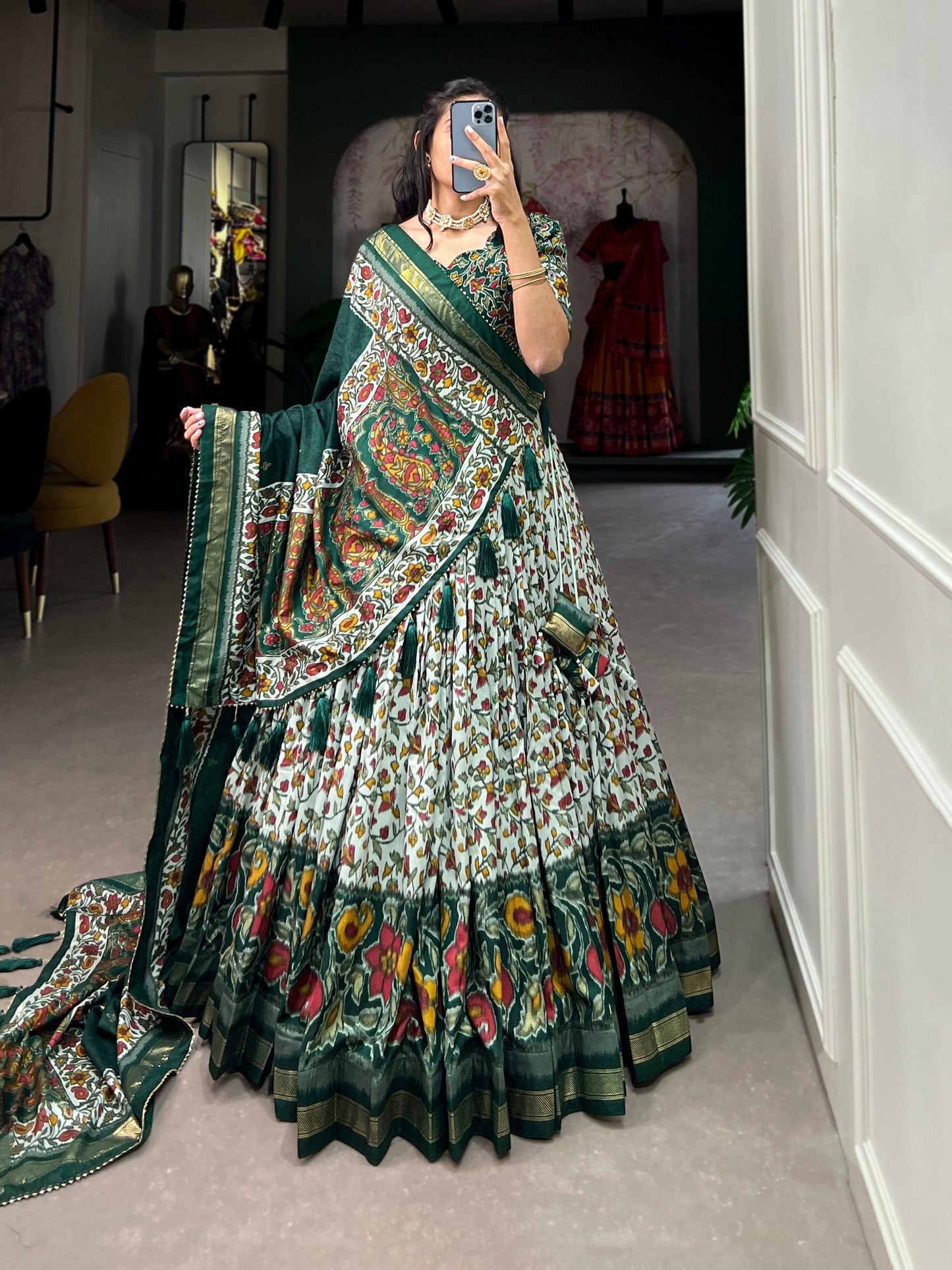 Green Tussar Silk Lehenga Choli with Foil Print