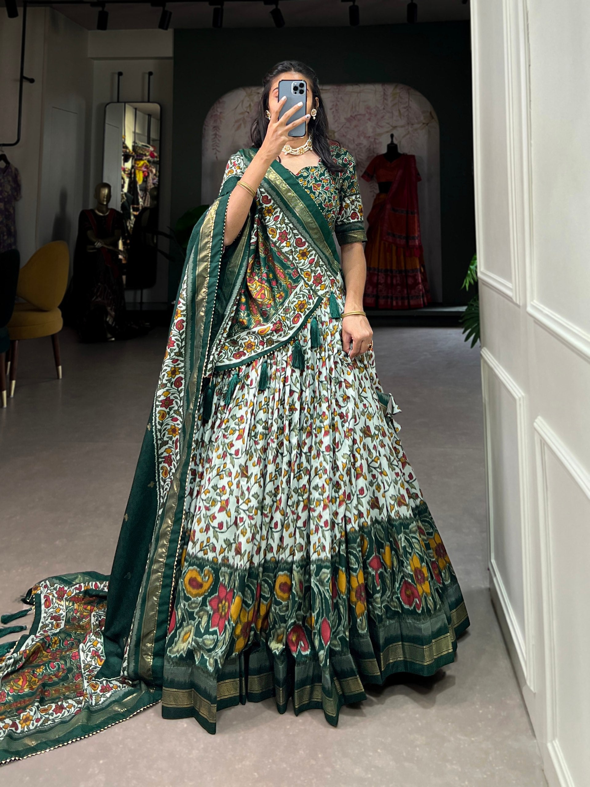 Green Tussar Silk Lehenga Choli with Foil Print