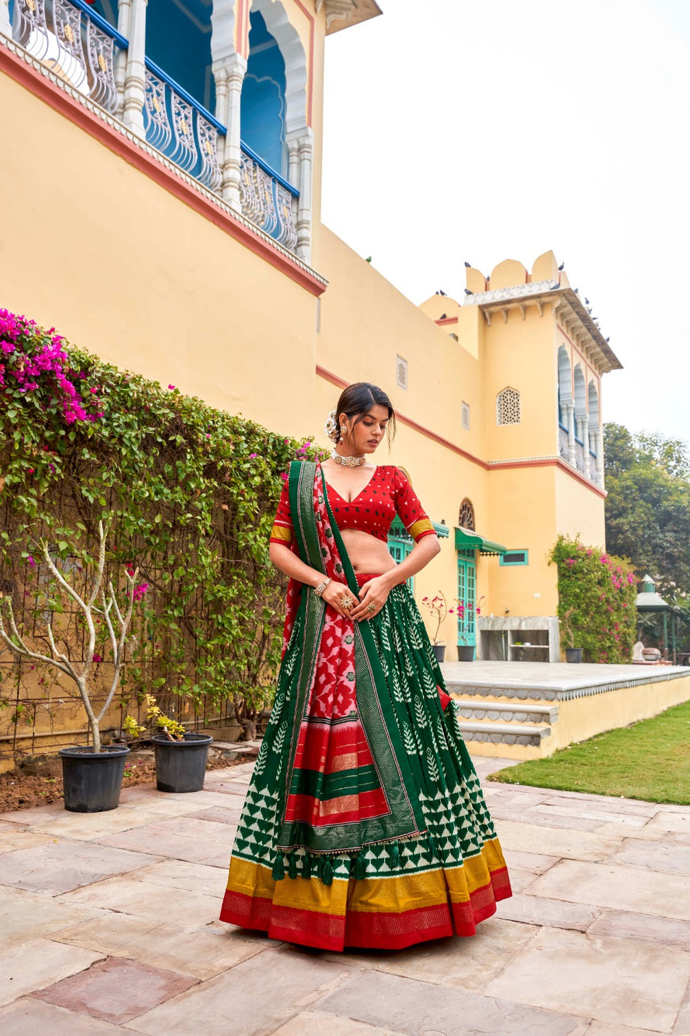 Green Tussar Silk Lehenga Choli with Printed Foil Work