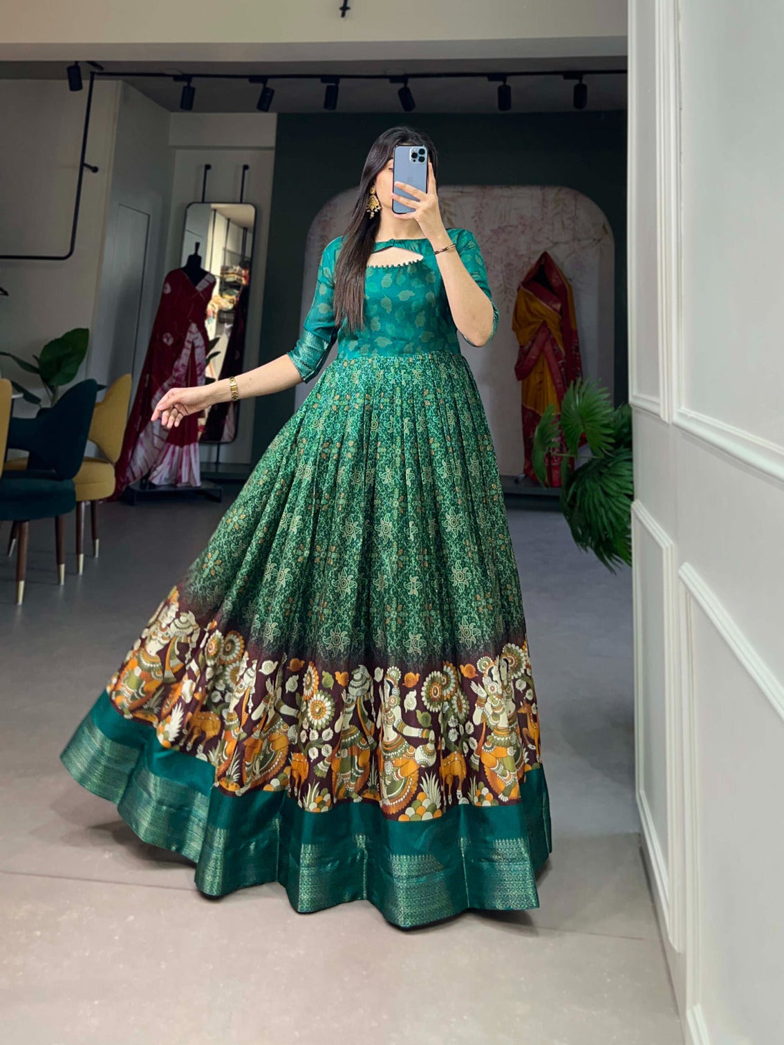 Green Tussar Silk Printed Gown with Woven Border