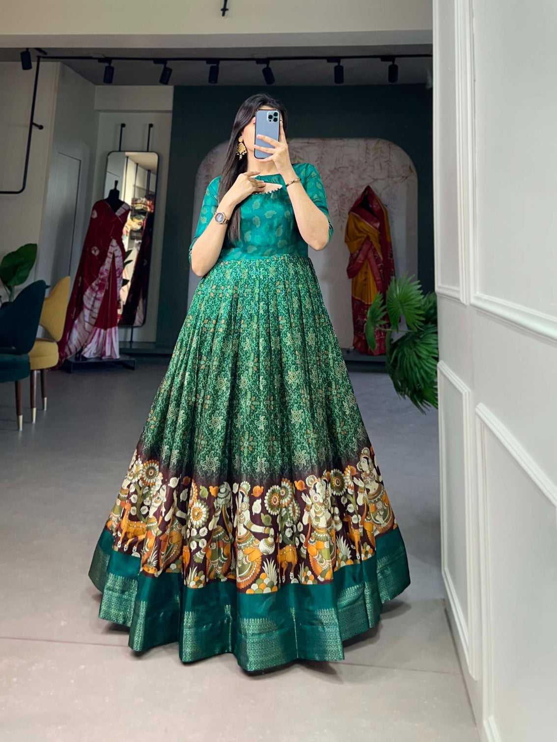 Green Tussar Silk Printed Gown with Woven Border