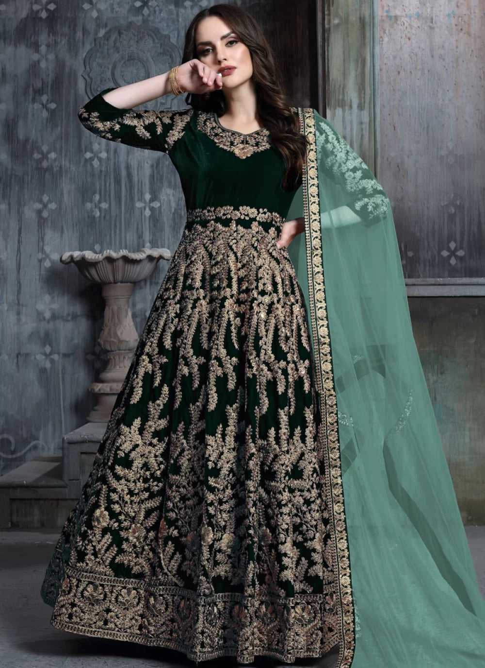 Green velvet designer anarkali suit