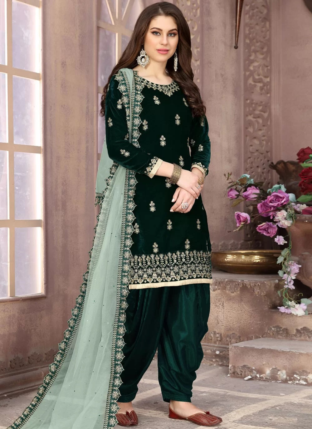 Green velvet punjabi suit salwar