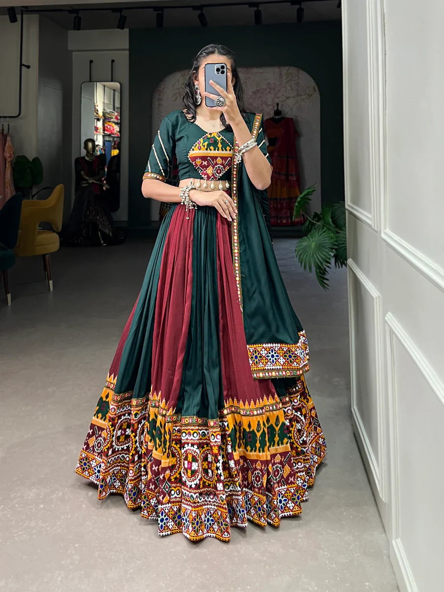 Green Vibrant Printed Silk Lehenga with Gamthi & Mirror Work