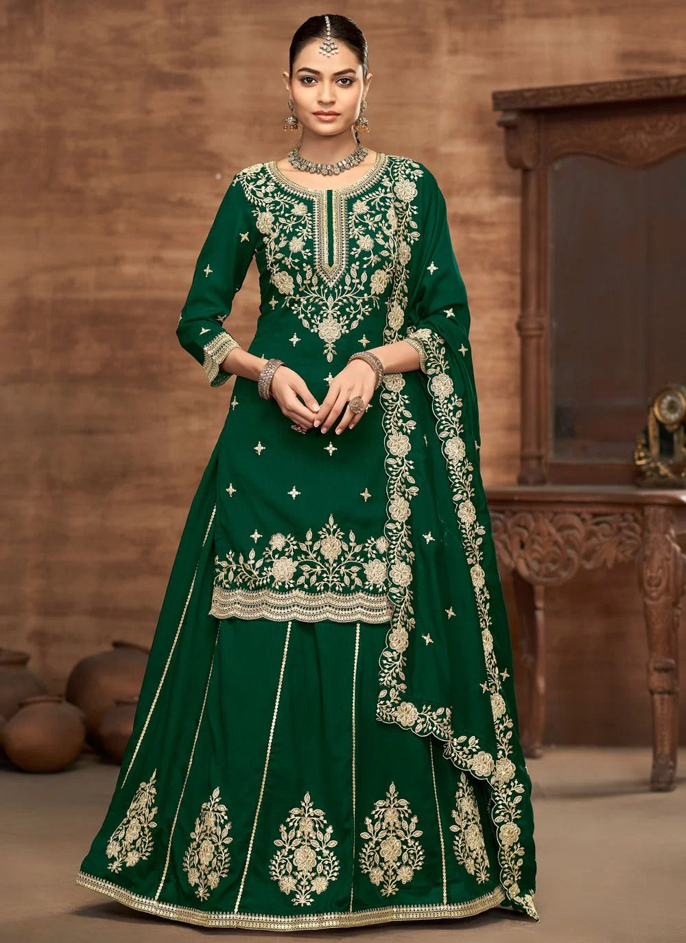 Royal green vichitra silk readymade wedding lehenga set