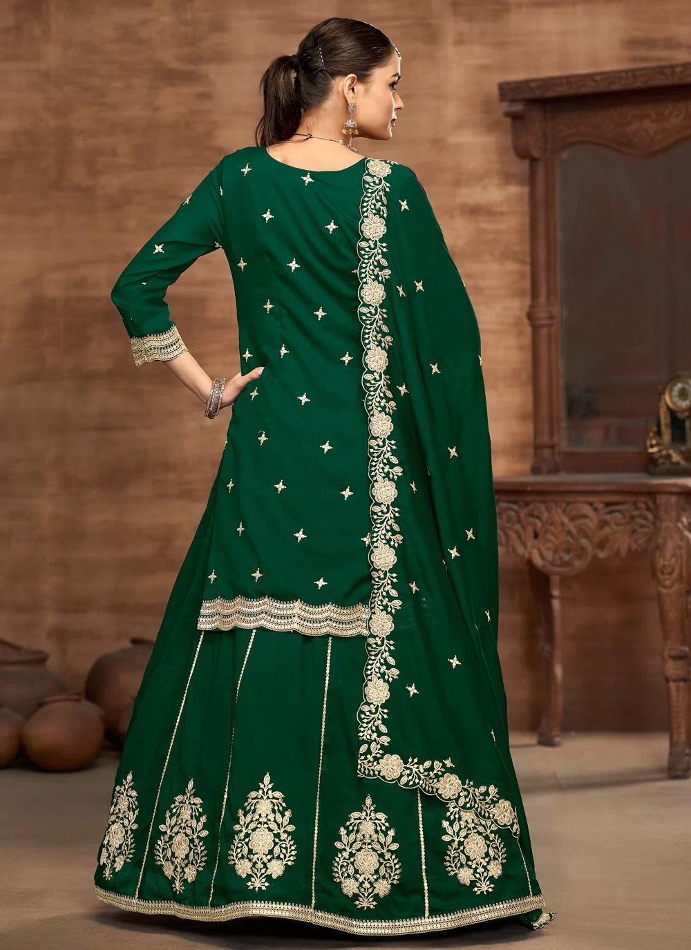 Royal green vichitra silk readymade wedding lehenga set