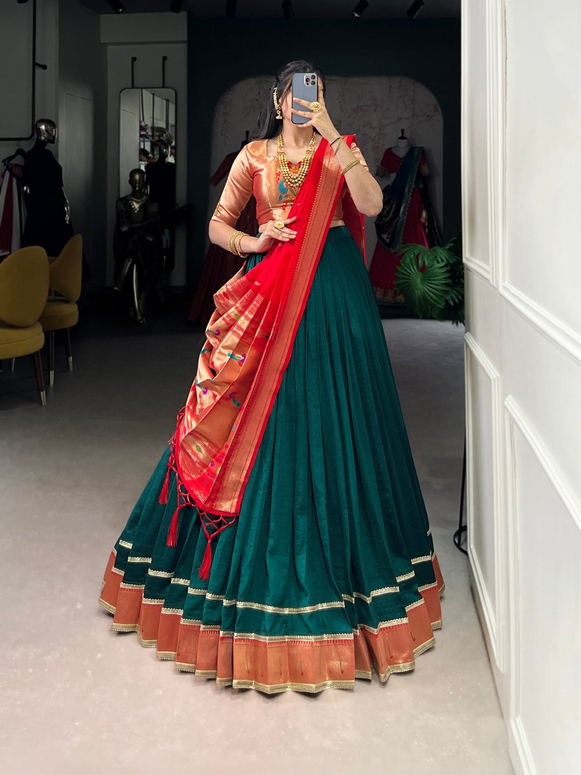 Green Vichitra Silk Zari Weaving Lehenga Set with Paithani Jacquard Blouse & Dupatta