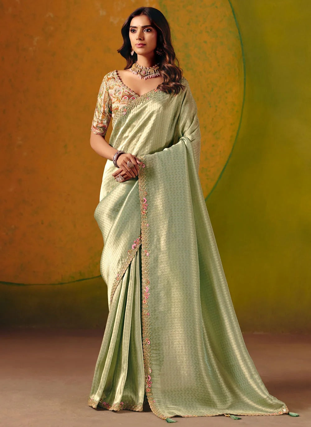 Green wedding saree with readymade blouse in smooth zari silk
