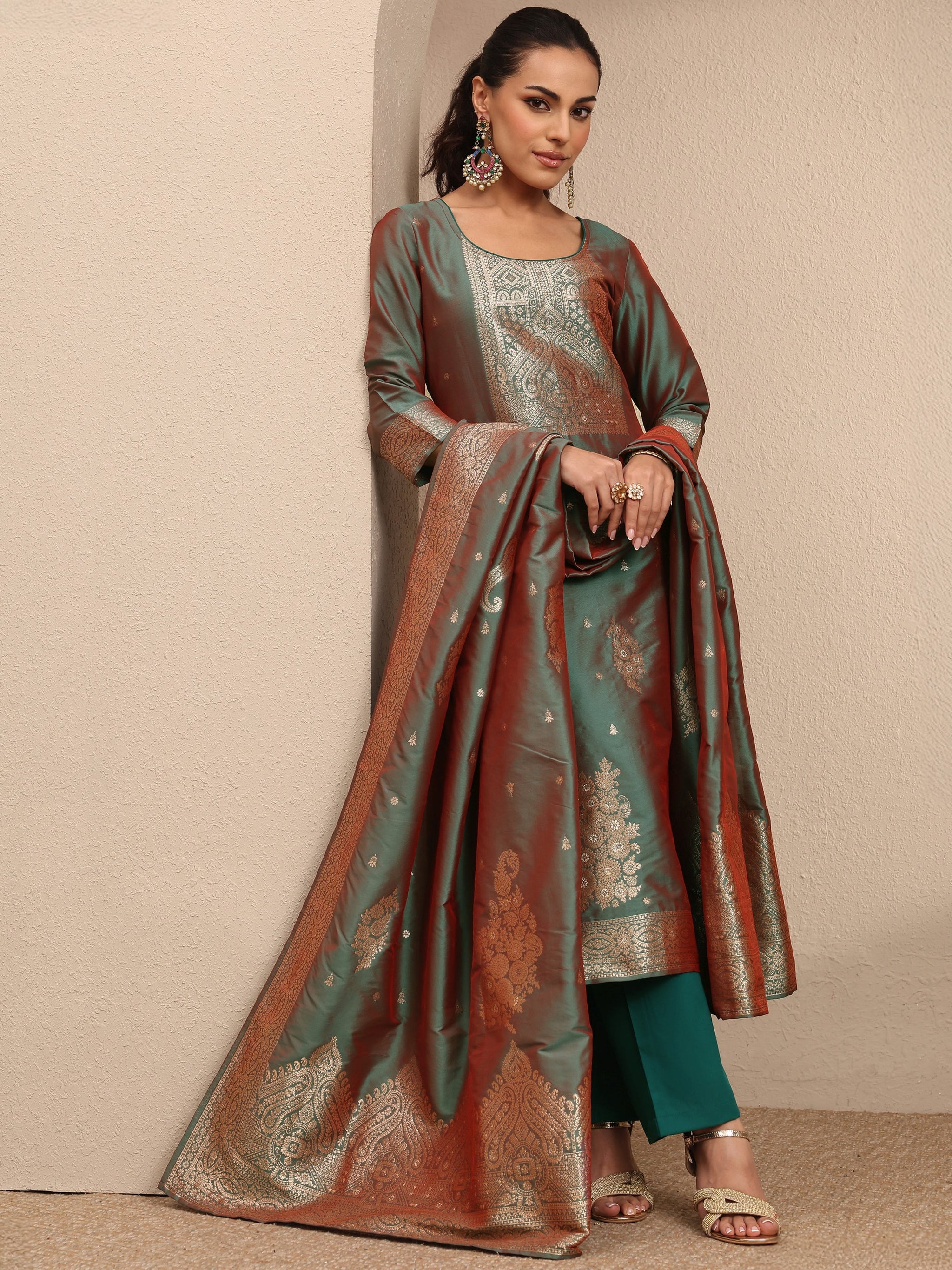 Libas Green Woven Design Silk Blend Straight Suit Set With Dupatta