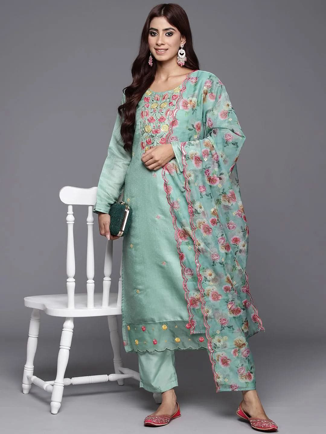 Mameraa Green Yoke Design Silk Blend Straight Kurta With Trousers & Dupatta