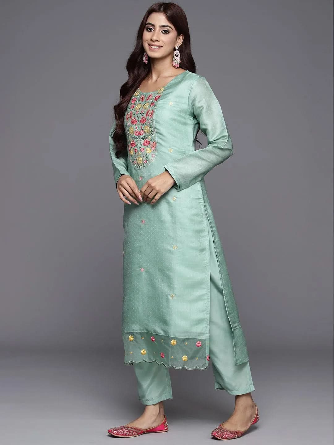 Mameraa Green Yoke Design Silk Blend Straight Kurta With Trousers & Dupatta