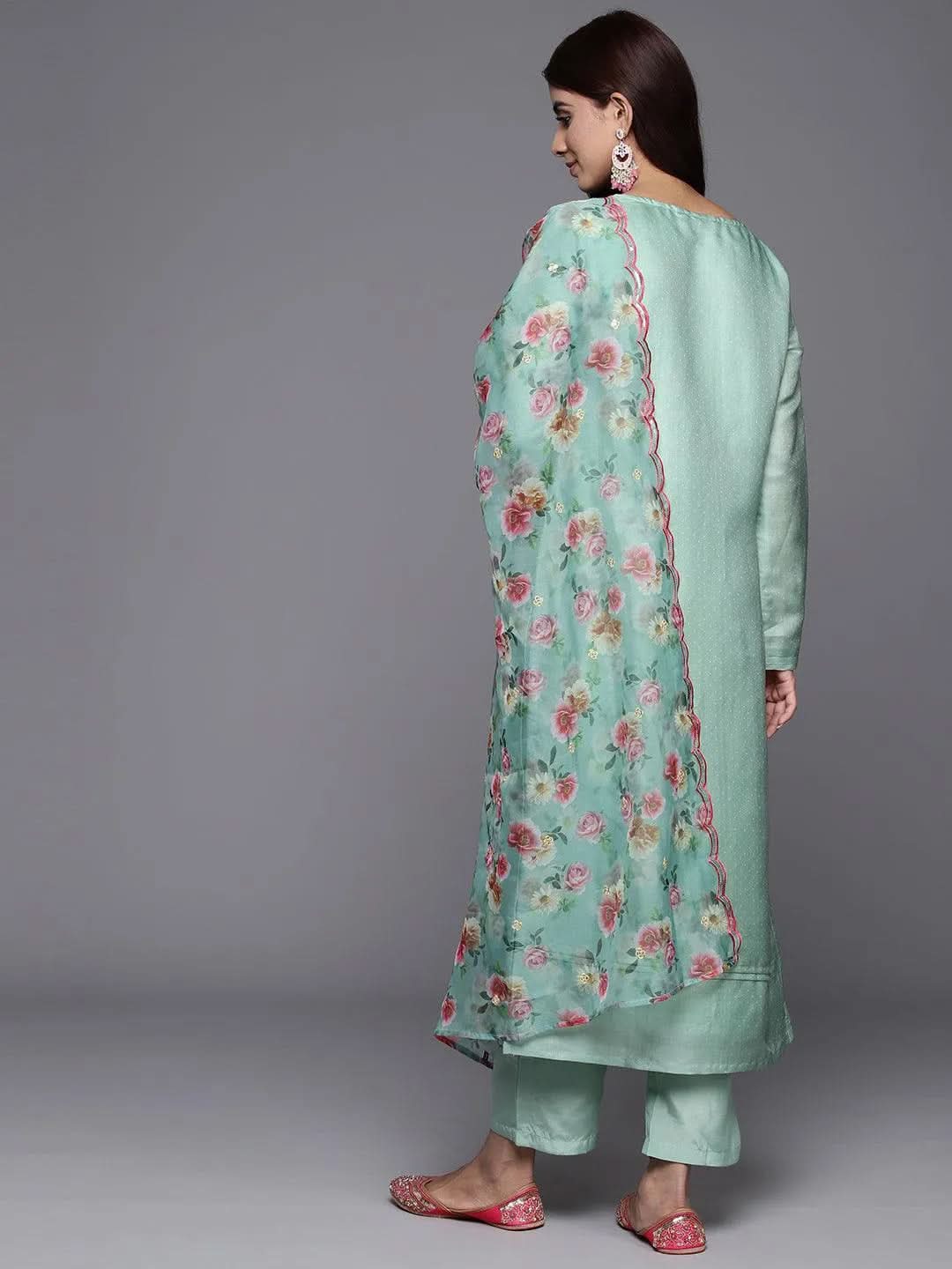 Mameraa Green Yoke Design Silk Blend Straight Kurta With Trousers & Dupatta