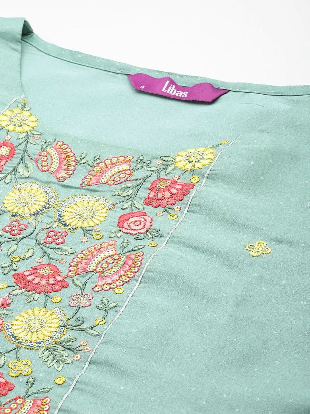 Mameraa Green Yoke Design Silk Blend Straight Kurta With Trousers & Dupatta