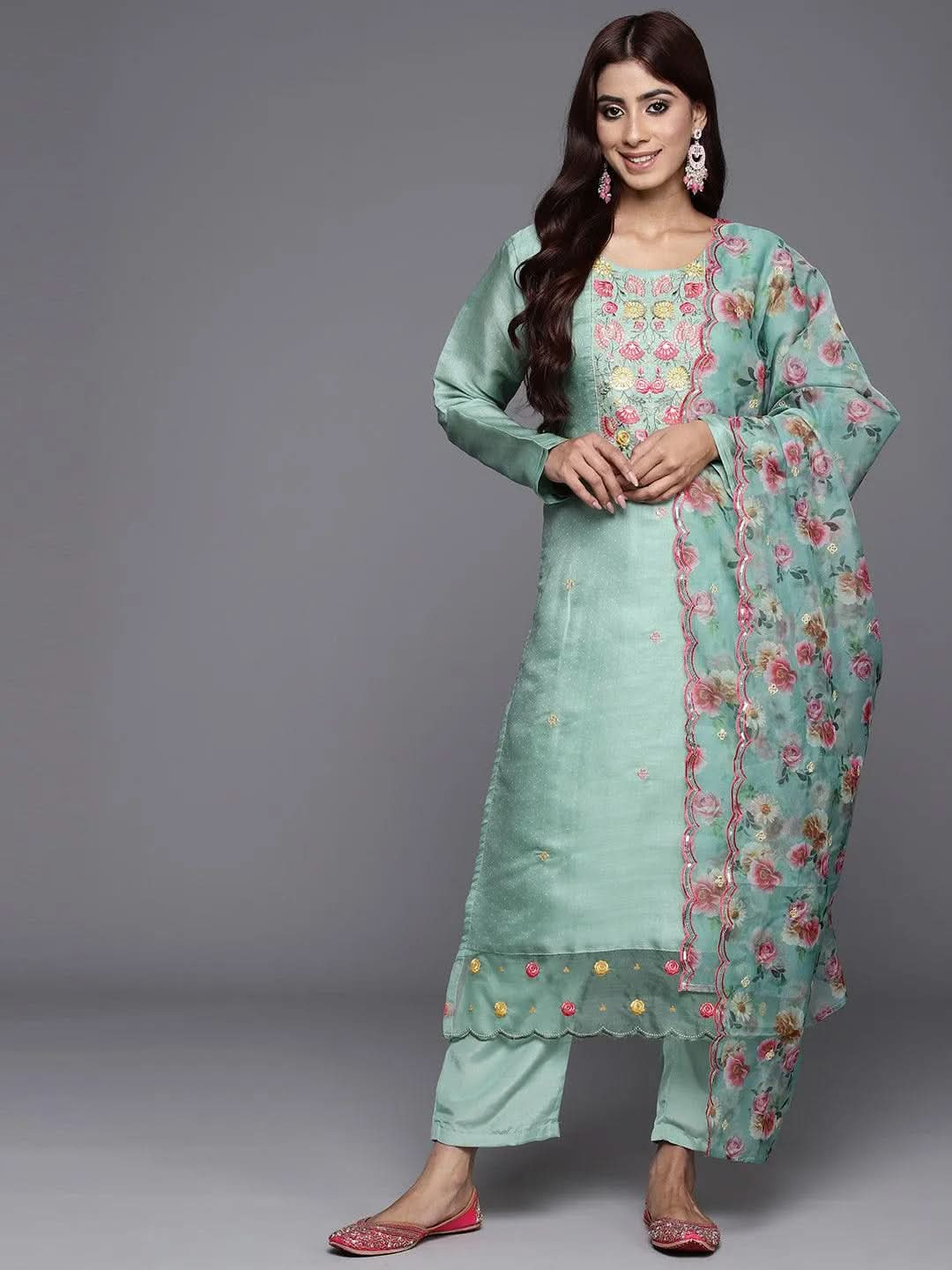 Mameraa Green Yoke Design Silk Blend Straight Kurta With Trousers & Dupatta