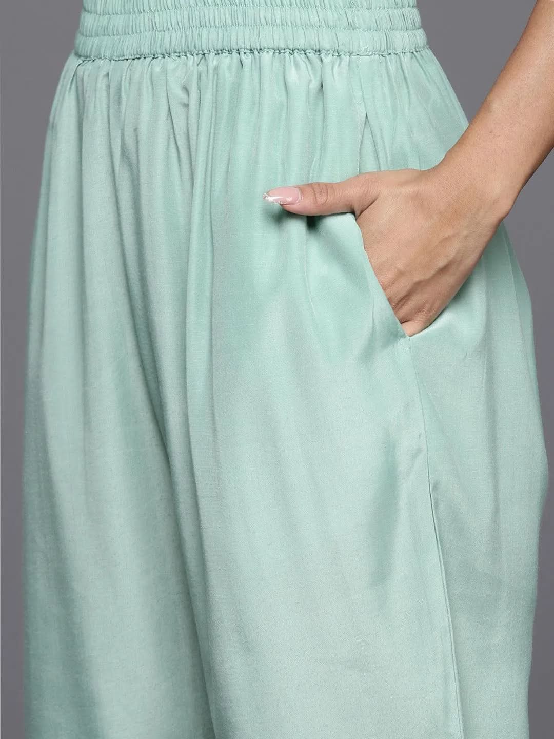 Mameraa Green Yoke Design Silk Blend Straight Kurta With Trousers & Dupatta