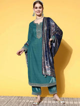 Libas Green Yoke Design Velvet Straight Kurta With Trousers & Dupatta