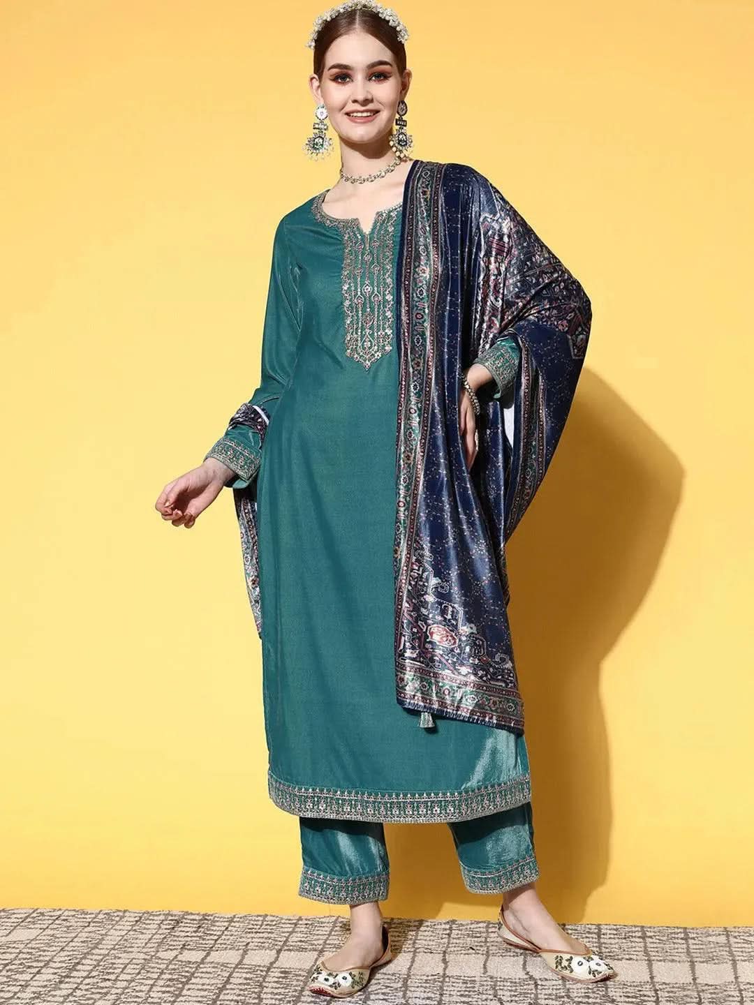 Libas Green Yoke Design Velvet Straight Kurta With Trousers & Dupatta