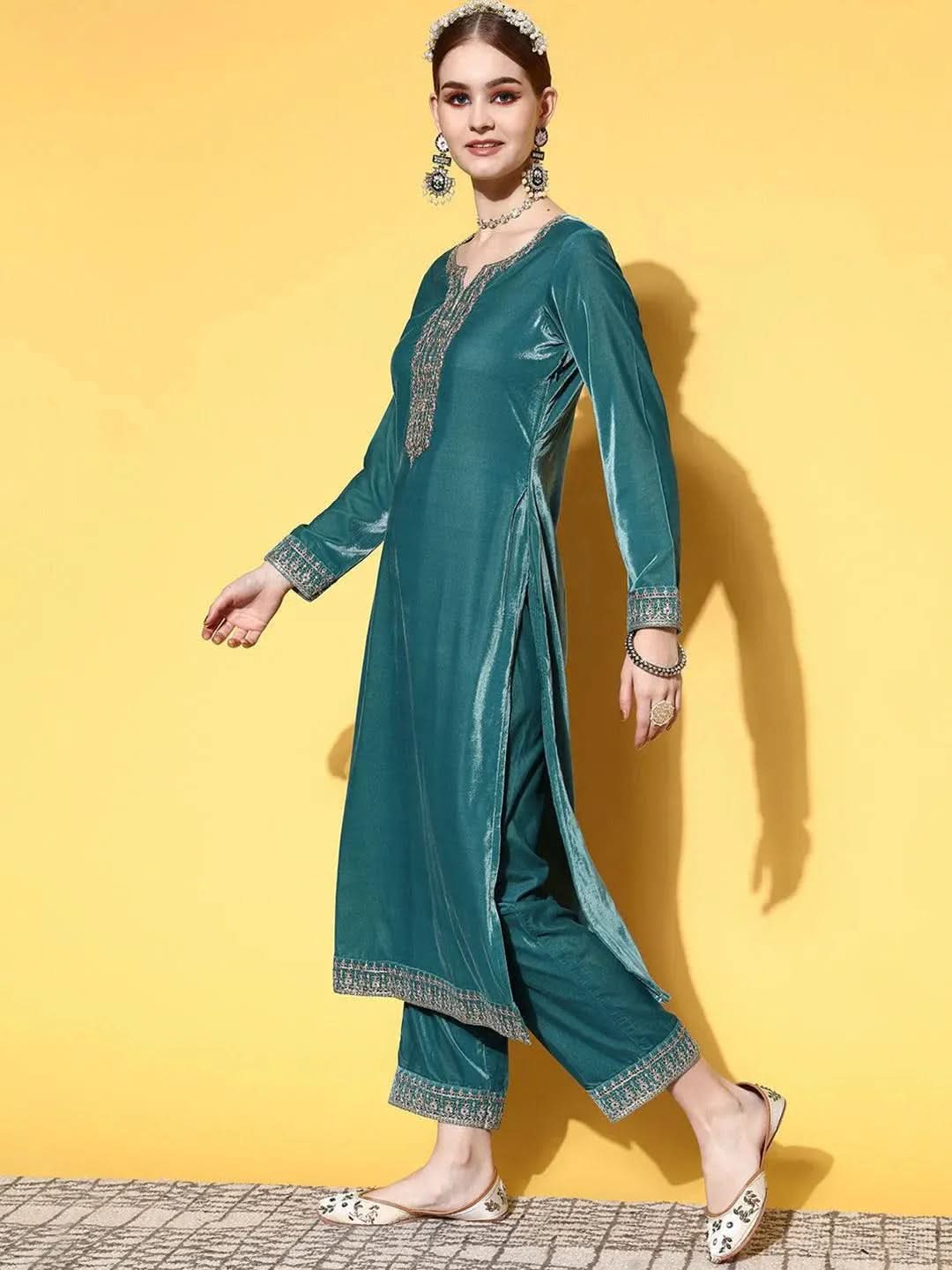 Libas Green Yoke Design Velvet Straight Kurta With Trousers & Dupatta