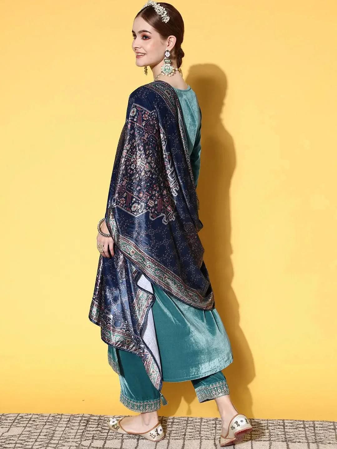 Libas Green Yoke Design Velvet Straight Kurta With Trousers & Dupatta