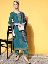 Libas Green Yoke Design Velvet Straight Kurta With Trousers & Dupatta