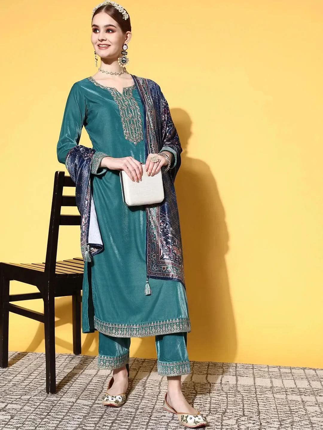 Libas Green Yoke Design Velvet Straight Kurta With Trousers & Dupatta