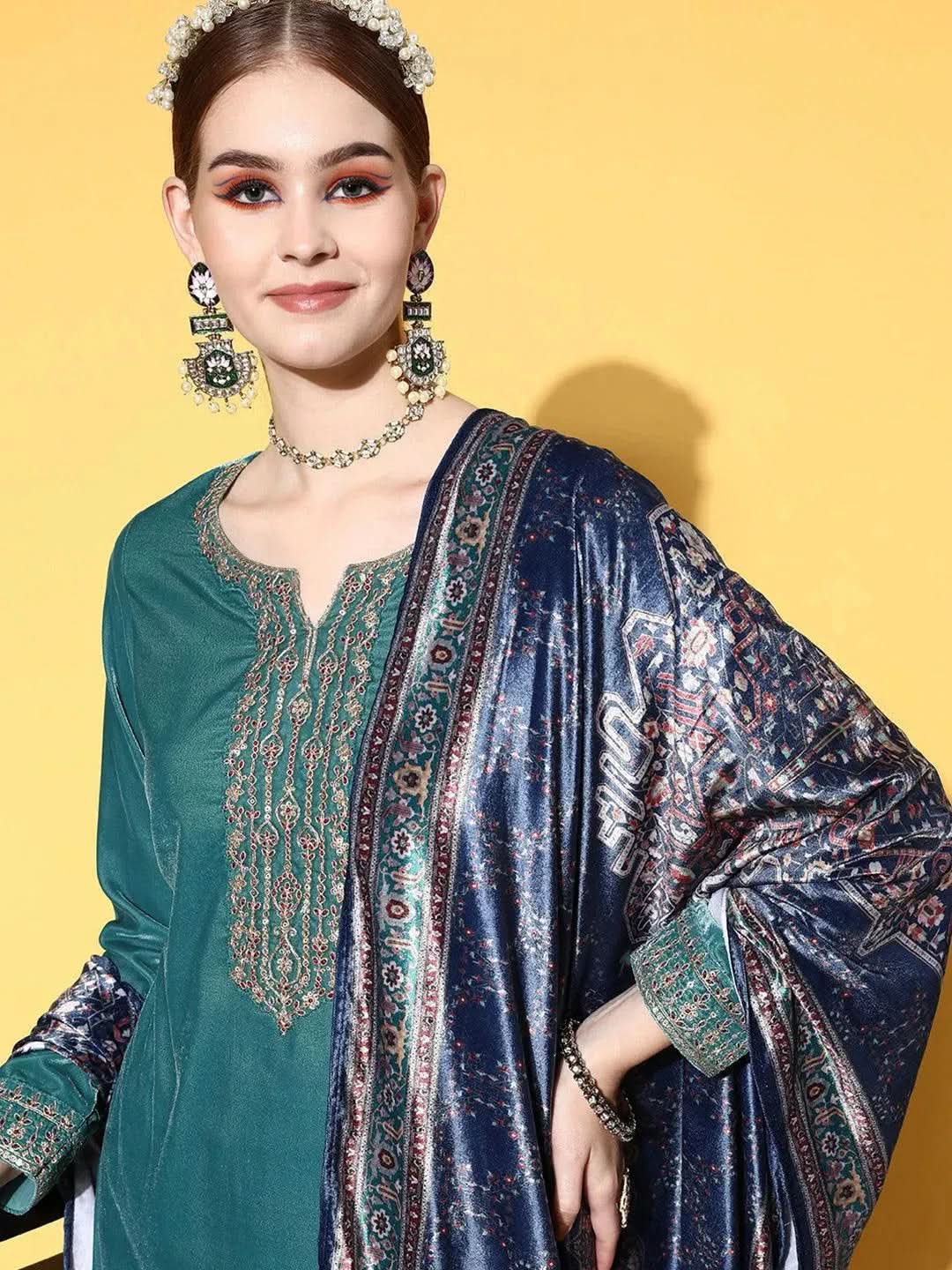 Libas Green Yoke Design Velvet Straight Kurta With Trousers & Dupatta