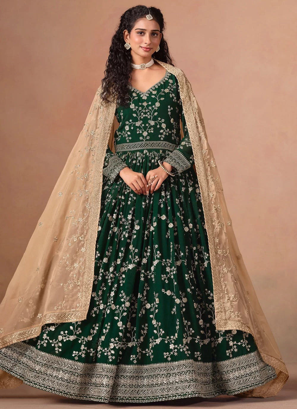 Elegant green faux georgette anarkali suit with organza dupatta