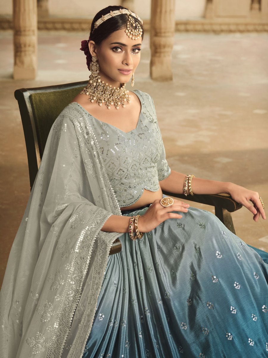 Grey and Teal Blue Silk Embroidered Lehenga Choli