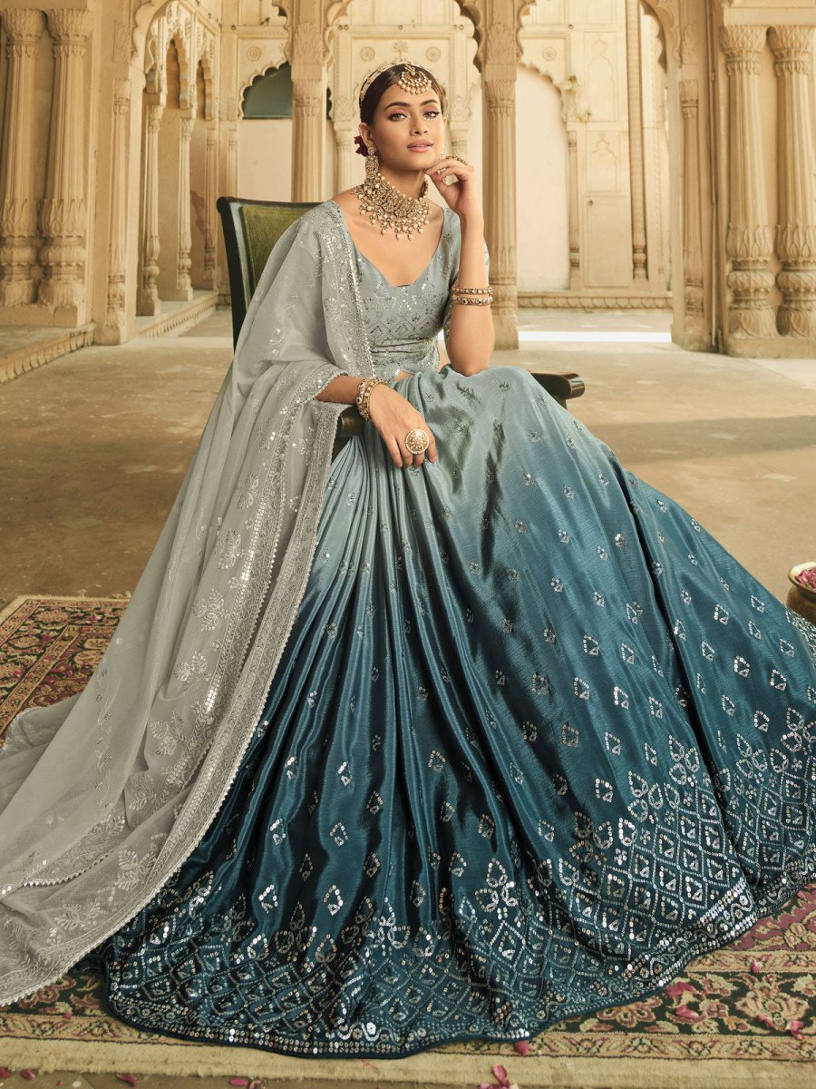 Grey and Teal Blue Silk Embroidered Lehenga Choli