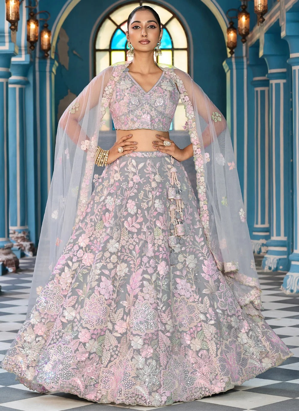 Grey cocktail lehenga with sequins stone coding embroidery work