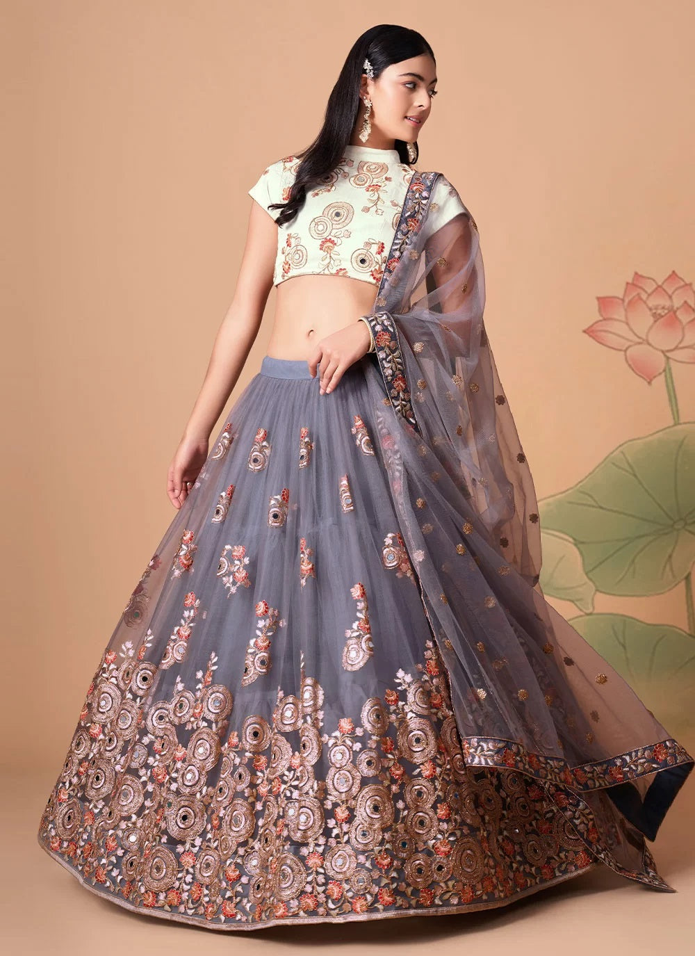 Grey color chic net lehenga with stunning zari and thread work