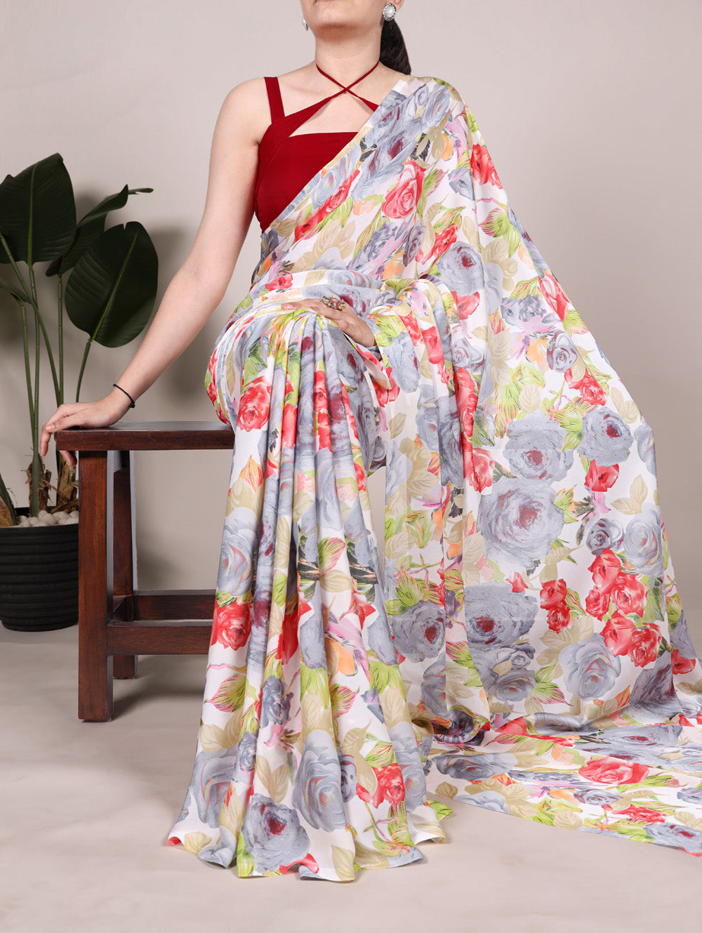 Grey dull satin floral printed saree with matching blouse
